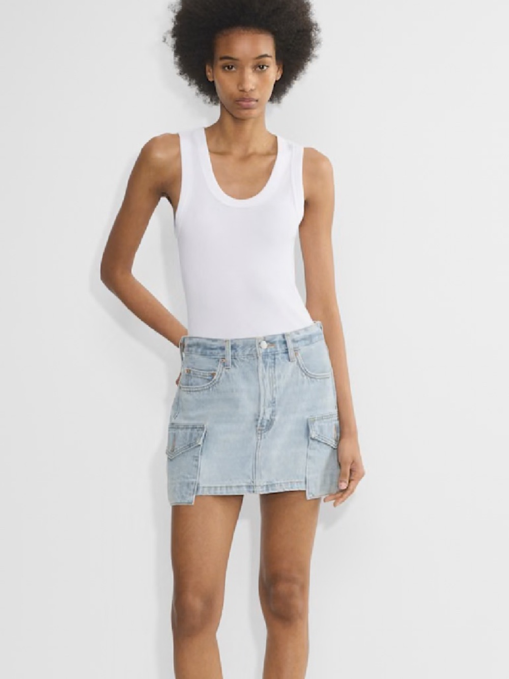 Denim Forum Light Blue Denim Mini Skirt with Tan Leather Patch